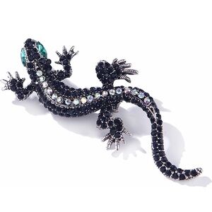 UNISEX Elegant Black and Silver Lizard Gecko Rhinestone Brooch